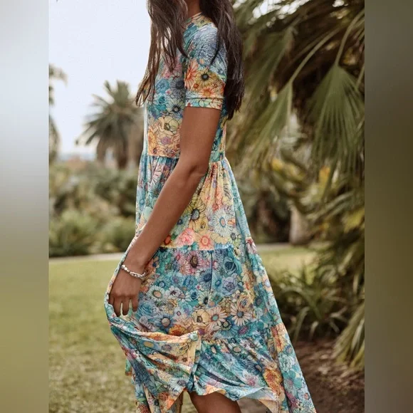 Johnny Was Florentina Mesh Tiered Slip Dress Multi Floral Size Medium - Picture 2 of 16